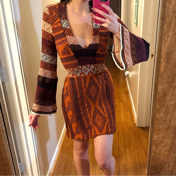 Free People Orange Pattern Bell Long Sleeve Knit Sweater Dress - Picture 3 of 7